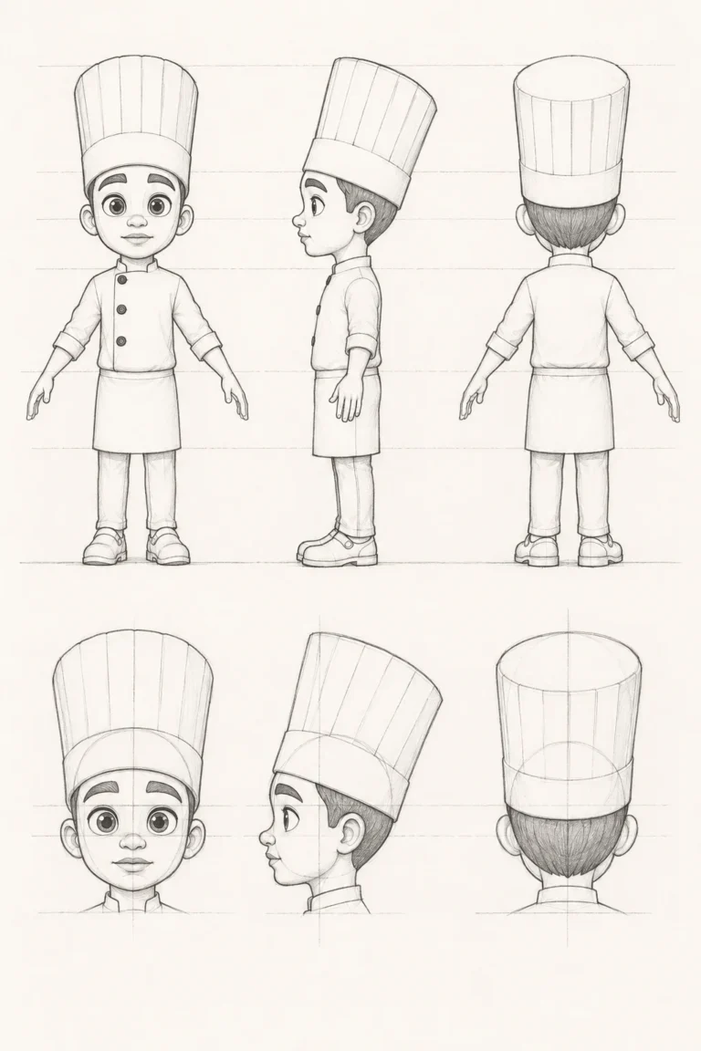 Pencil turnaround sheet of the chef character: front, side and back views